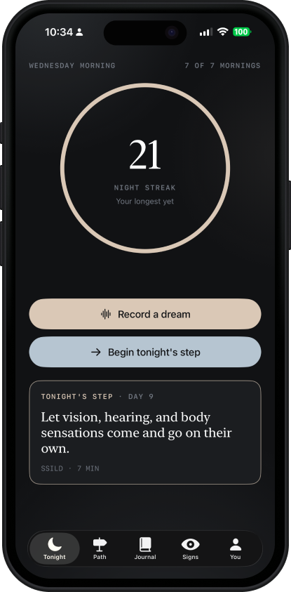 The Today screen: a 21-night streak, buttons to record a dream or begin tonight's step, and the day's SSILD practice.